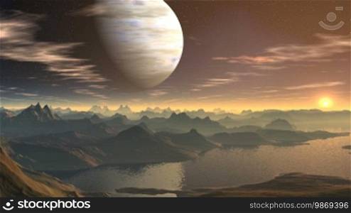 In the sky, a major blue planet (the gas giant) and rare clouds. Over the horizon, the bright red sun ascends. The entire landscape is painted in red color on a fantastic planet. Among low mountains, there are big lakes. A fog is seen over the horizon.
