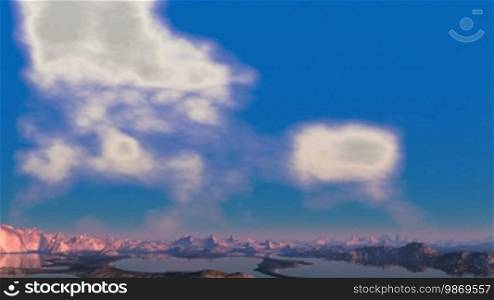 In the vast blue sky, clouds change shape. The camera quickly flies over mountains and lakes to meet them.
