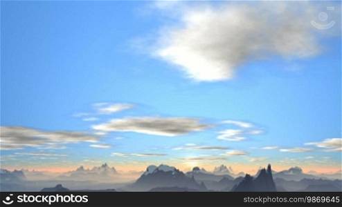 In the vast blue sky, slowly floating clouds. Mountains covered by fog. The horizon glows with a bright white sun rising above the clouds.