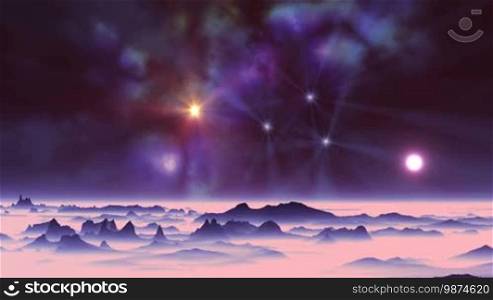 In the vast dark sky, colorful nebula and bright radiant stars. White sun in a halo slowly sinking in the thick pink fog that covers the desert landscape of an alien planet.