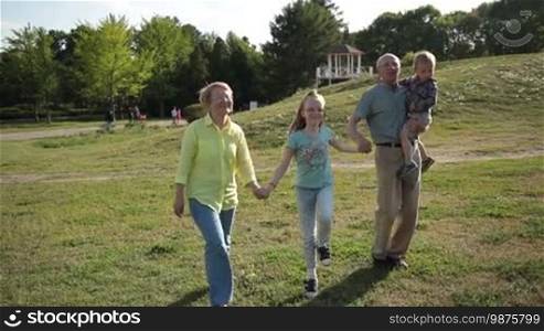 Joyful multi-generation family holding hands, dancing, and jumping while walking across grass in park. Positive grandparents with grandchildren enjoying time, having fun, and smiling on park lawn on sunny day. Slow motion. Steadicam stabilized shot.