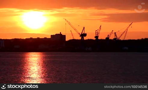 Kiel - Fjord with Cranes on Harbour at Sunset