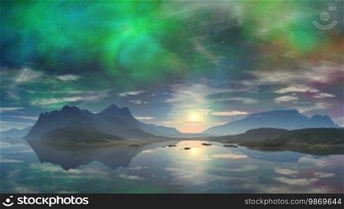 Lake with crystal clear surface reflects the clouds, sun and hills. In the sky a bright rising sun, the stars and nebulae. Slowly floating clouds. Bright fabulous landscape.