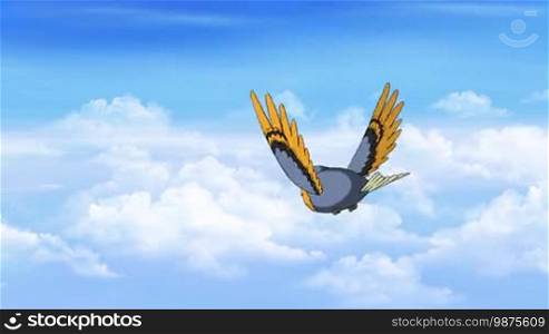 Little bird flies in the clouds. Back View. Handmade animation, motion graphic.