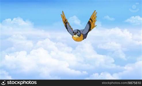 Little bird flies in the clouds. Front View. Handmade animation, motion graphic.