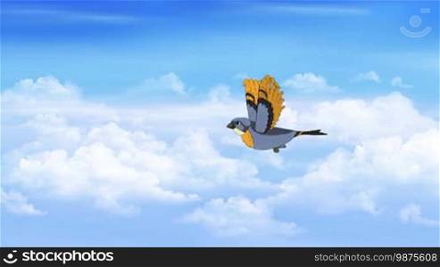Little bird flies in the clouds. Side View. Handmade animation, motion graphic.