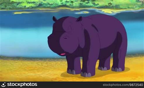 Little Violet Hippo Wakes Up and Yawns. Hippo Baby Opens His Mouth. Handmade Animation.