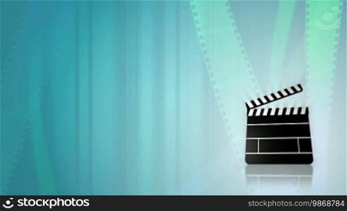 Loopable animated background of a three-dimensional clapperboard revolving over a background of film strips. HD 1080p quality 29.97fps.