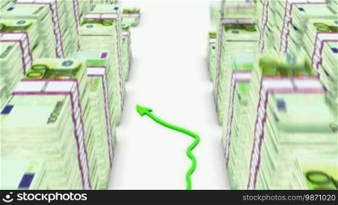 Loopable Green graph moving up between falling 100 euro bundles