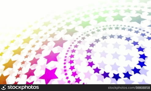 Looping background of concentric, colorful rings of stars rotating in different directions at different speeds. The first and last frame match for looping possibilities. HD 1080p quality 29.97fps.