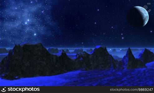 Low black mountains, dark blue light. In the starry sky, the moon flickers through the fog.