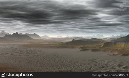 Low dark storm clouds over stony desert weigh. The camera quickly flies over hills and cliffs. Sunset colors the landscape in pink hues.