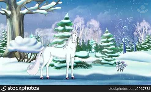 Magic Unicorn in a Winter Forest on New Year's Eve. Handmade animation in classic cartoon style.