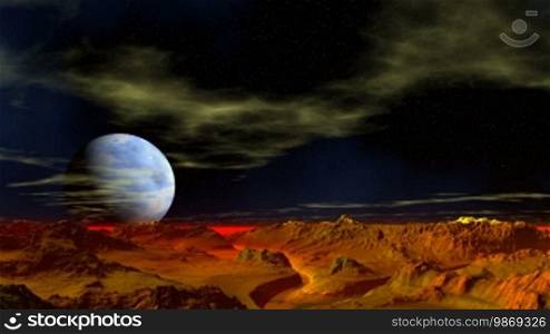 Major blue planet in the night sky, clouds float. The mountain landscape is illuminated with bright orange light. Over the horizon a red fog.