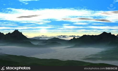 Morning. Dark hills in the lowlands between the white mist. In the bright blue sky swiftly goes blindingly bright white sun illuminates hills and valleys. In the sky, white clouds float.