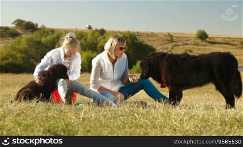 Mother and Daughter Feeding their Newfoundland Dogs