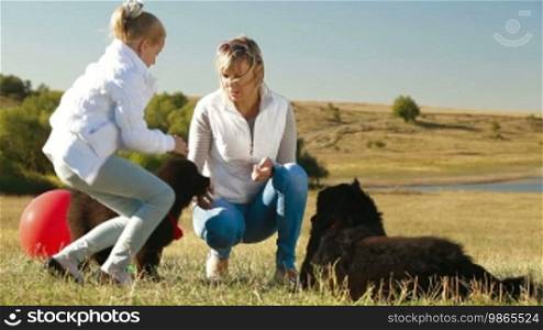 Mother and Daughter Feeding their Newfoundland Dogs Outdoor
