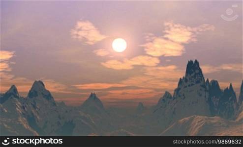 Mountain pass covered with haze and colored tones of the setting sun. Over snow-capped mountains with sharp bright evening sun. Slowly floating clouds. The camera is fast approaching the setting sun.