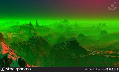 Mountain peaks are covered by snow. In between a green fog. In the night sky of a star.