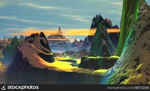 Mountain peaks covered with snow, in between orange clouds. In the lowlands of fog. The lakes reflect the sky. All in bright colors. Light. The camera flies over the mountains.