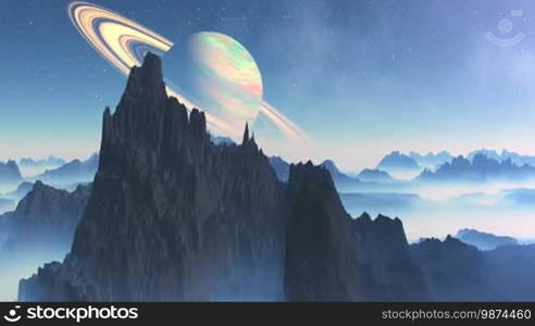 Mountain peaks rise above the dense fog, which lies in the lowlands. The starry night sky Saturn is surrounded by rings. Over the horizon a white fog. The camera flies over the mountains, the fog dissipates slowly. The sky visible nebula.