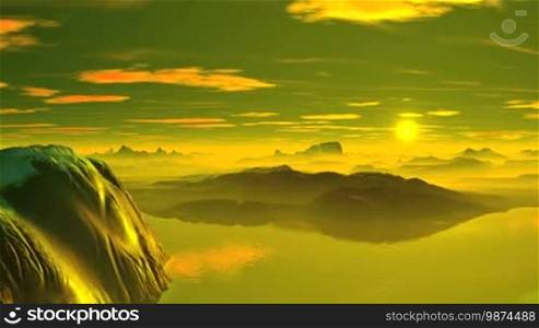 Mountains, hills, and lakes covered with thick yellow predawn mist. Due to the horizon quickly ascends the bright sun in a golden halo, and a bright light illuminates the landscape. In the blue sky pink clouds float.