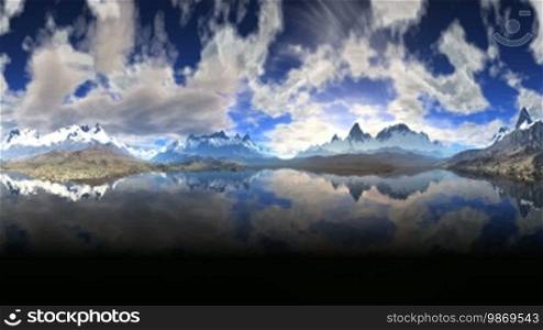 Mountains on the horizon. Their tops in the snow. Above them, the vast sky and slowly floating clouds. All this is reflected in the water of a mountain lake. Footage made in the form of a panorama.
