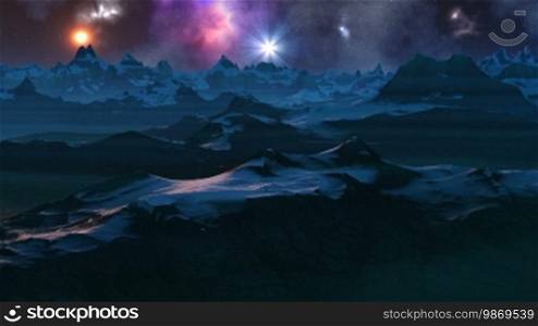 Mountains, snow-covered peaks, blue mist in the valley lake. In the night sky, bright nebula, orange sun, and a bright white star. The camera quickly flies along the mountains.