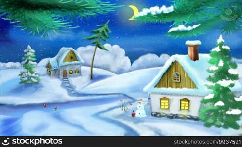 New year and Christmas winter village evening landscape with Snowman. Handmade animation in classic cartoon style.
