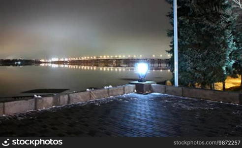 Night time lapse. View from the quay on the new bridge of Dnepropetrovsk. 25fps.