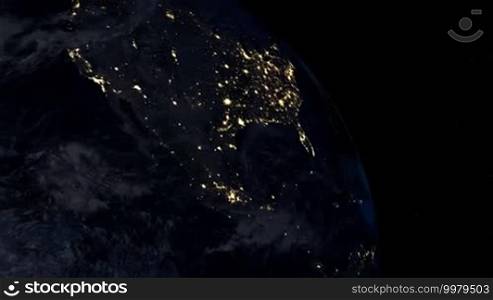 North America at night. Extremely detailed image, including elements furnished by NASA. 3D animation with some light sources, reflections, and post-processing. Earth maps courtesy of NASA