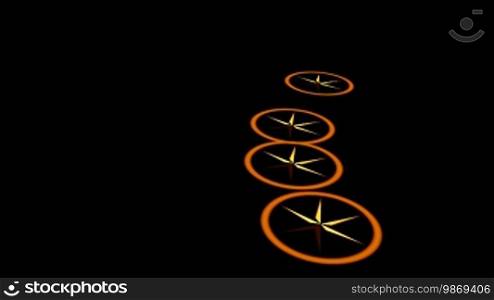 On a black background, orange disks (UFOs) slowly fly. They slowly rotate. In rings, there are stars consisting of six beams. Their sides sparkle.