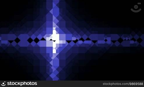 On a dark background, a blue bar appears with crystals on it. A bright light runs on and off on the crystals in the dark. The light quickly goes out and the crystals disappear.
