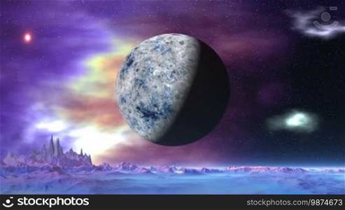 On a dark starry sky, a colorful nebula, a huge blue moon, and a bright glowing object (UFO). Sharp rocks and dark hills stand among thick white fog.