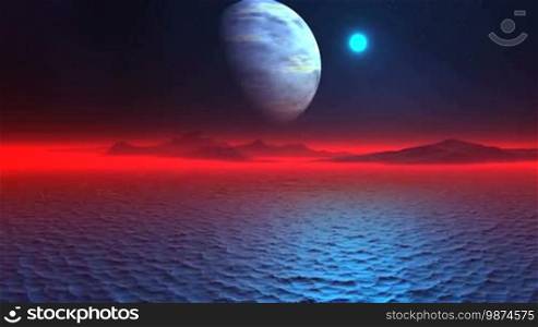 On a dark starry sky, a huge planet (moon) and a blue sun. Under them, the ocean is covered with ice. The mountainous island and the horizon are covered with a thick red glowing fog.