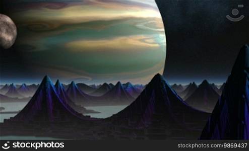 On a planet surface among water, there are strange constructions with sharp tops. Over the horizon in the dark night sky, two planets rotate.