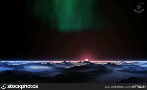 On the dark sky shimmers in green northern lights. Slowly rising bright pink sun over a misty horizon. In the lowlands of dark mountains fog. Surface reflects bright light of the sun.