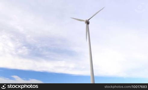 One wind turbine over the blue sky with clouds. Wide shot, low angle.