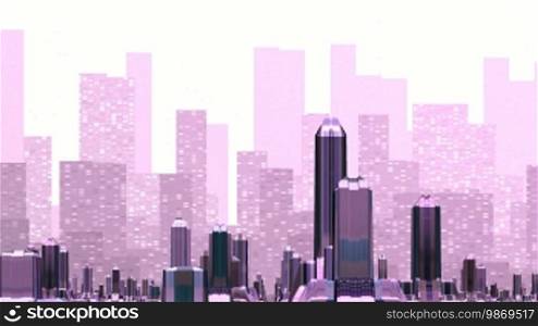Over the city consisting of strange high buildings, there is a mirage of another city consisting of skyscrapers. It approaches the fantastic city. In total, it is in pink color.