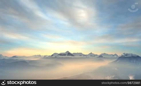 Over the mountains and hills glowing pink mist. Slowly the sun rises and shines a bright landscape. In the blue sky slowly float soft white clouds. Camera flies to meet the dawn.