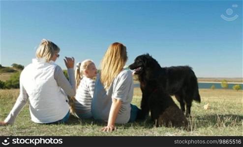 People enjoying in nature with their Newfoundland dogs, rear view