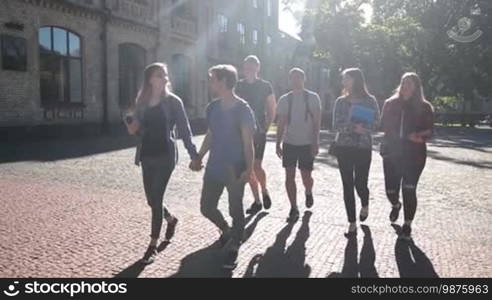 Positive group of college students going to lessons together on university campus. Young teenage friends with notebooks and books walking together on their way to college and talking in daylight. Slow motion. Steadicam stabilized shot.