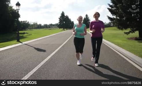 Positive smiling adult female friends in activewear jogging in park road on sunny day. Attractive senior female runners running parkway in sportswear. Slow motion. Steadicam stabilized shot.