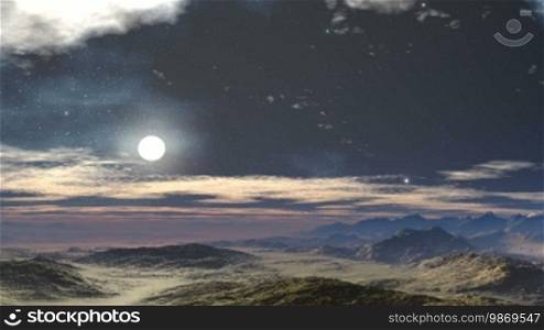 Rocky desert reflects bright light. Horizon covered with purple haze. On the night sky stars, nebulae and bright moon stopping by. Slowly floating clouds.