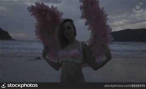 Romantic young beauty as an angel on the beach. Blonde pretty female woman wearing pink wings, feather bra and bikini bottom smiling and posing on the sandy beach over sea and sky background - video in slow motion