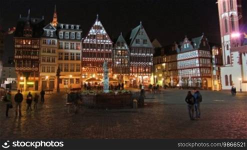 Römerberg (Rathaus) in Frankfurt am Main, with the Justice Fountain, at night.