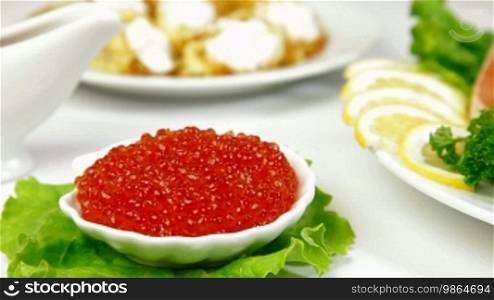 Salmon Steak and Red Caviar, Dolly Shot Closeup