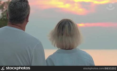 Senior man and woman turning, embracing and smiling to the camera. Sunset and sea in background. Copy space on the right