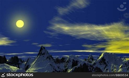 Sharp peaks of mountains are covered with snow. The bright blue sky, clouds slowly float. The bright sun slowly moves to the horizon, painting everything in pink color.