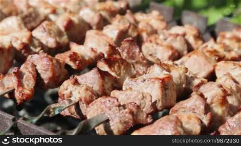 Shashlyk kebab grilling on the BBQ, close-up view